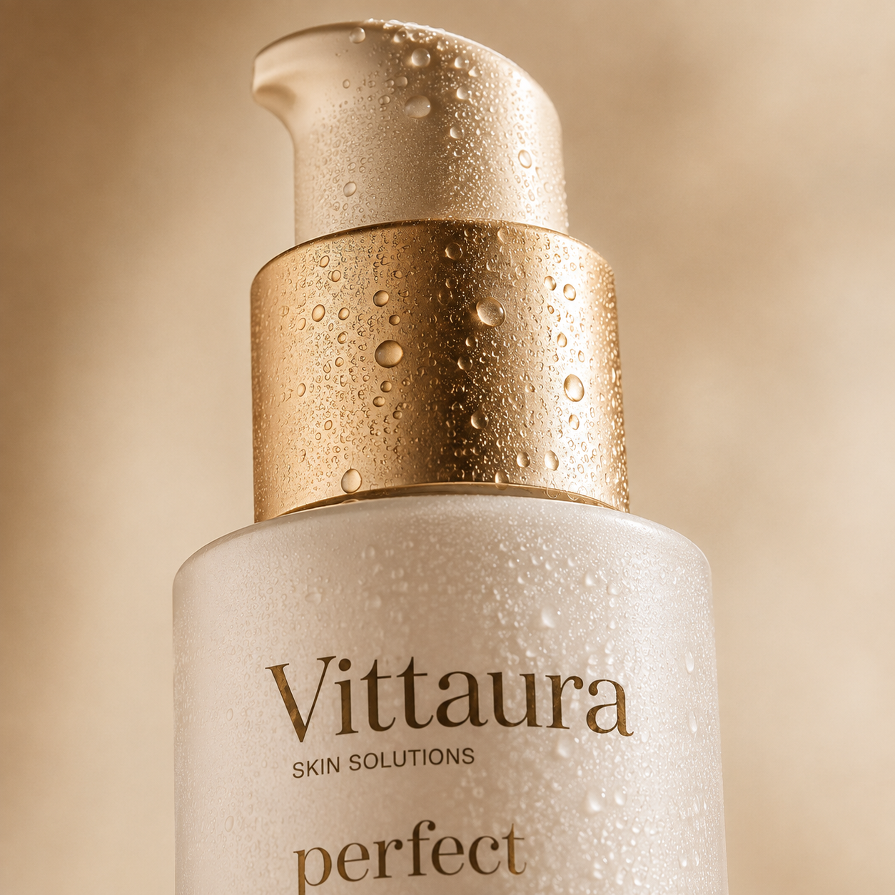 Macro detail of the gold pump and Vittaura logo on the frosted serum bottle