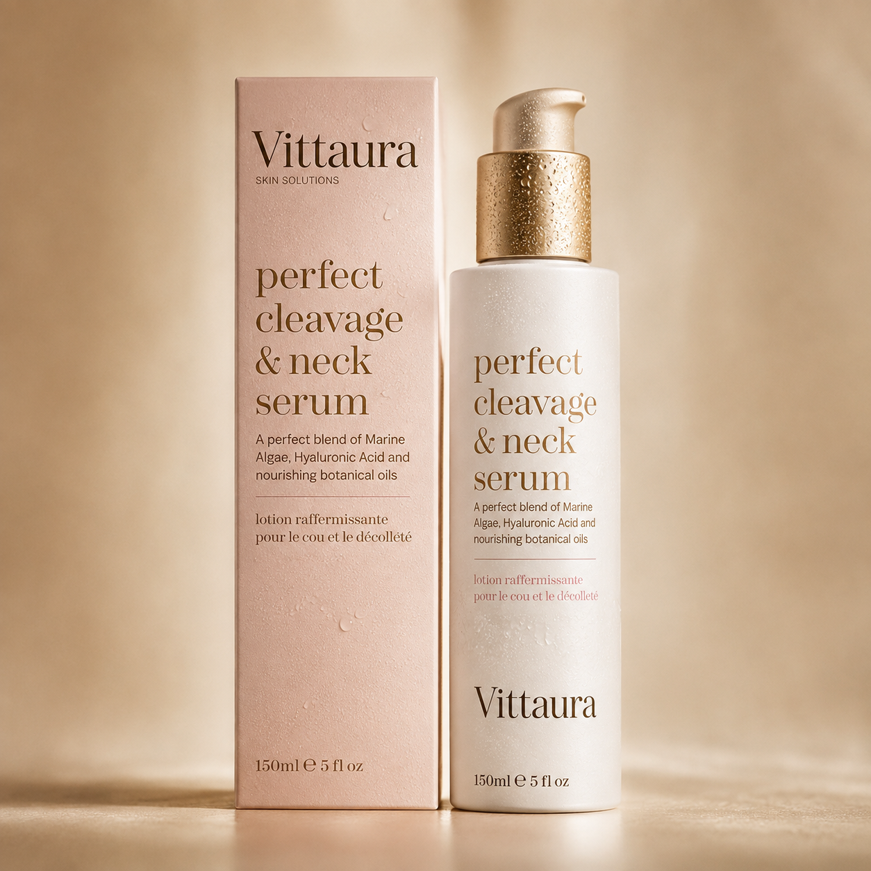 Vittaura serum bottle standing beside its blush pink Vittaura carton