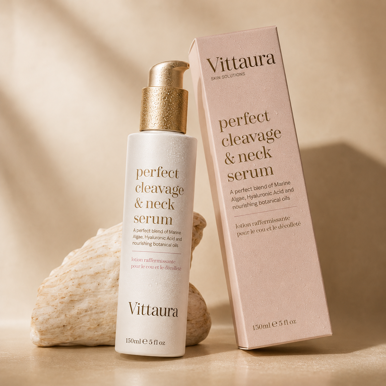 Vittaura serum bottle and carton styled with a natural shell prop